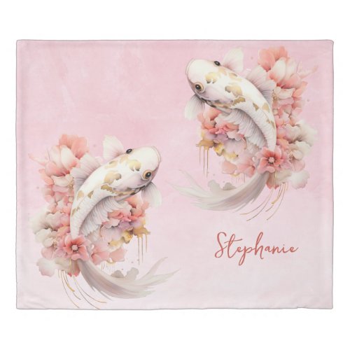Pink Watercolor Gold Koi Fish Floral Personalized Duvet Cover
