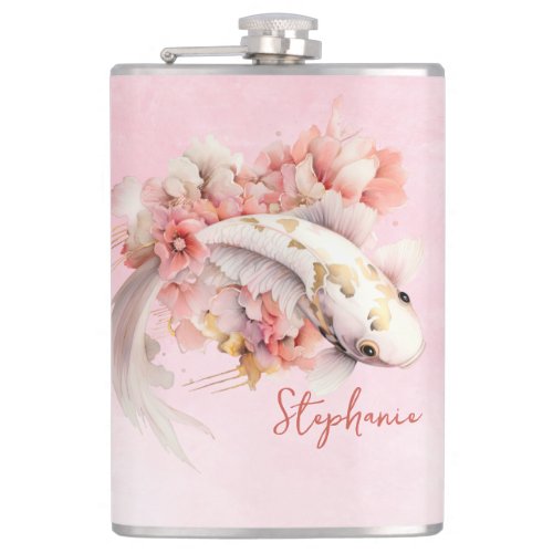 Pink Watercolor Gold Koi Fish Floral Personalized Flask