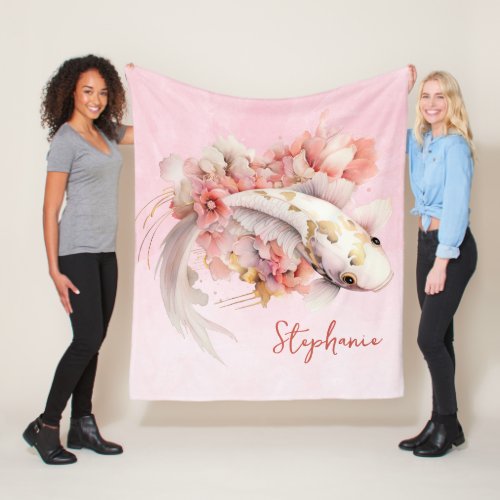 Pink Watercolor Gold Koi Fish Floral Personalized Fleece Blanket