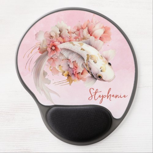 Pink Watercolor Gold Koi Fish Floral Personalized Gel Mouse Pad