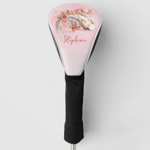 Pink Watercolor Gold Koi Fish Floral Personalized Golf Head Cover