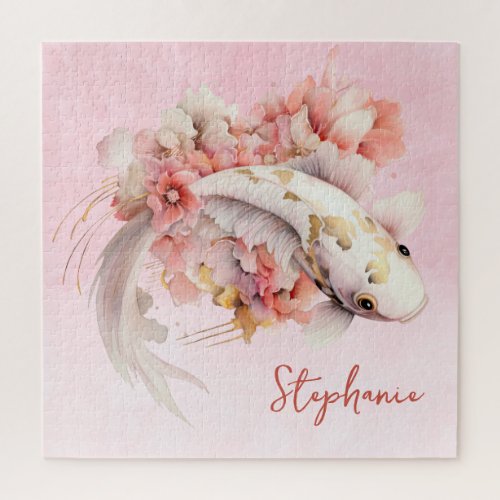 Pink Watercolor Gold Koi Fish Floral Personalized Jigsaw Puzzle