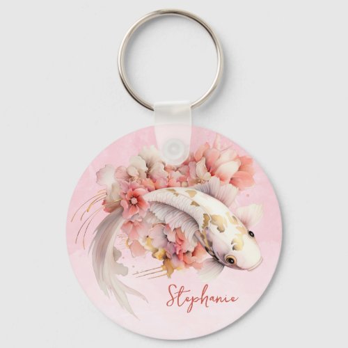 Pink Watercolor Gold Koi Fish Floral Personalized Keychain