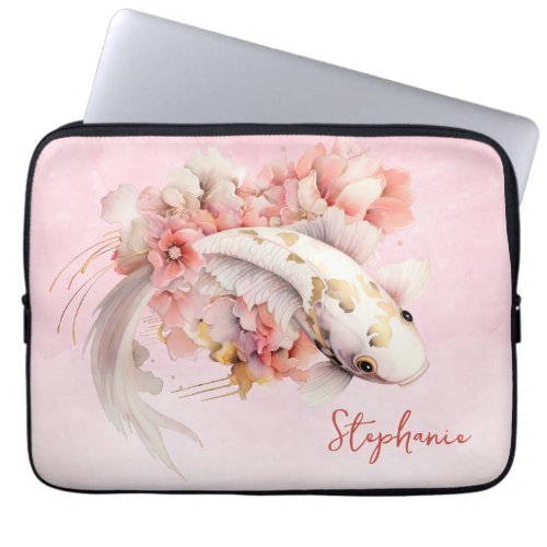 Pink Watercolor Gold Koi Fish Floral Personalized Laptop Sleeve