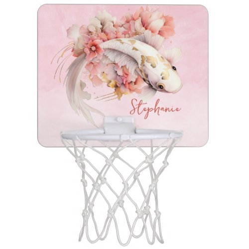 Pink Watercolor Gold Koi Fish Floral Personalized Mini Basketball Hoop