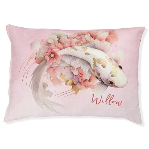 Pink Watercolor Gold Koi Fish Floral Personalized Pet Bed
