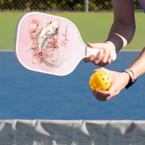 Pink Watercolor Gold Koi Fish Floral Personalized Pickleball Paddle