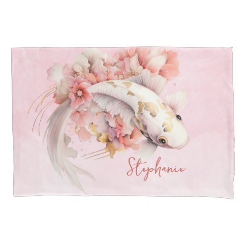 Pink Watercolor Gold Koi Fish Floral Personalized Pillow Case