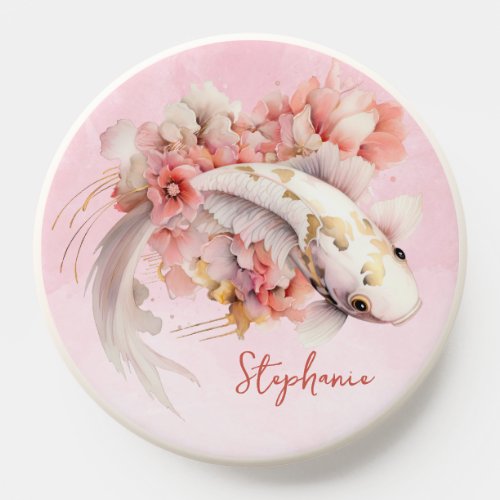 Pink Watercolor Gold Koi Fish Floral Personalized PopSocket