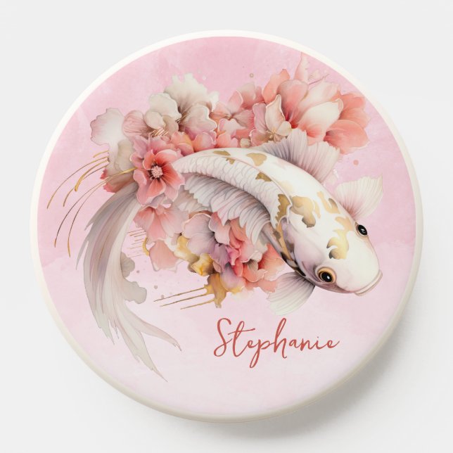 Pink Watercolor Gold Koi Fish Floral Personalized PopSocket (Popsocket)
