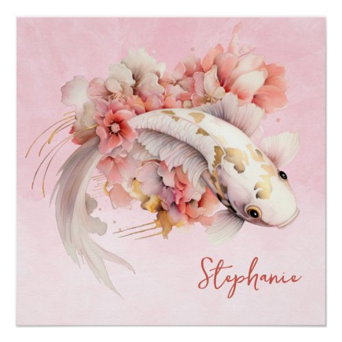 Pink Watercolor Gold Koi Fish Floral Personalized Poster