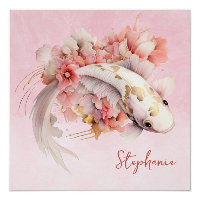 Pink Watercolor Gold Koi Fish Floral Personalized Poster (Front)