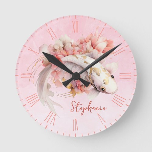 Pink Watercolor Gold Koi Fish Floral Personalized Round Clock