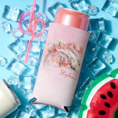 Pink Watercolor Gold Koi Fish Floral Personalized Seltzer Can Cooler