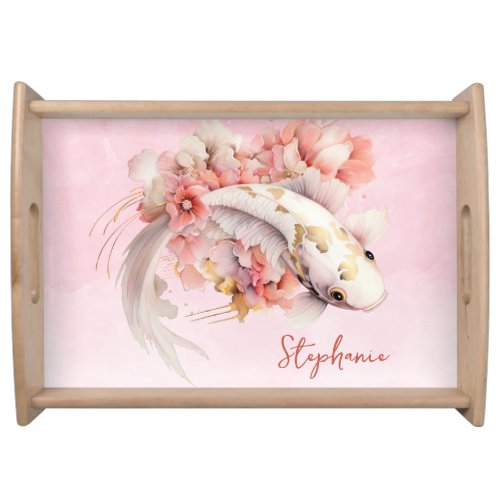 Pink Watercolor Gold Koi Fish Floral Personalized Serving Tray