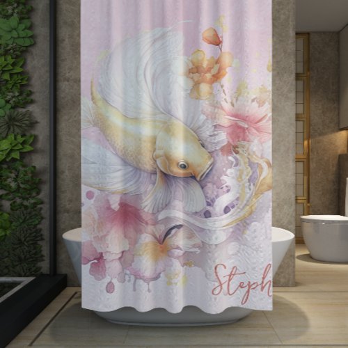 Pink Watercolor Gold Koi Fish Floral Personalized Shower Curtain
