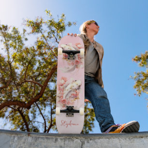Pink Watercolor Gold Koi Fish Floral Personalized Skateboard