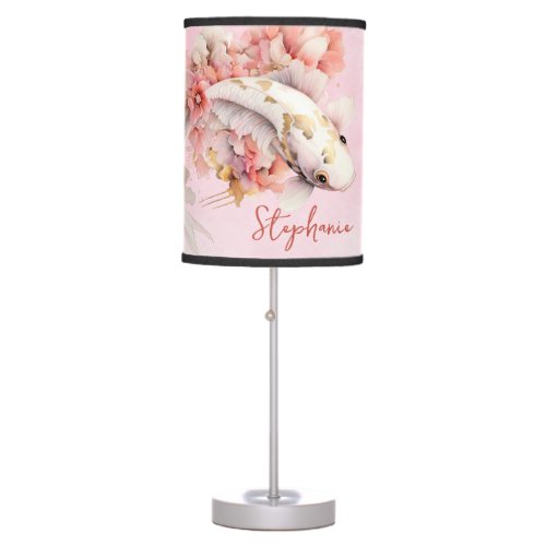 Pink Watercolor Gold Koi Fish Floral Personalized Table Lamp