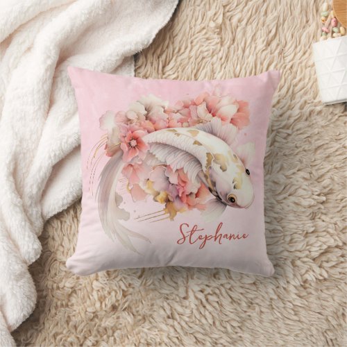 Pink Watercolor Gold Koi Fish Floral Personalized Throw Pillow