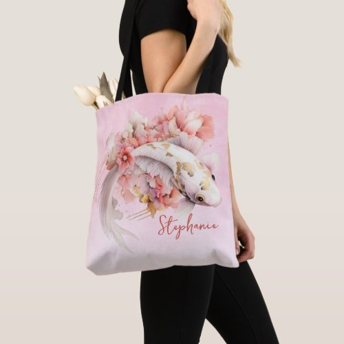 Pink Watercolor Gold Koi Fish Floral Personalized Tote Bag