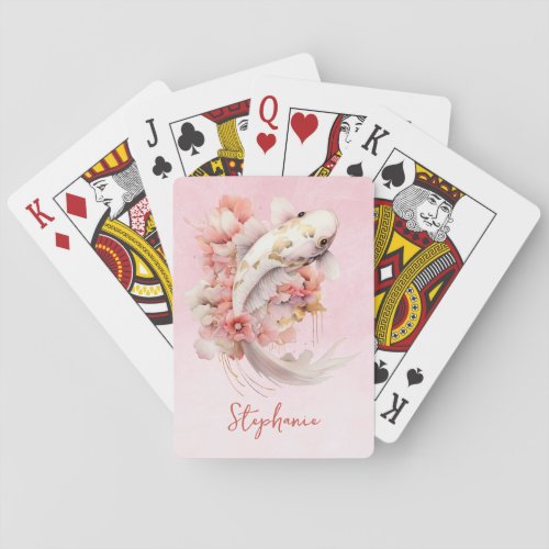 Pink Watercolor Gold Koi Fish Floral Poker Cards