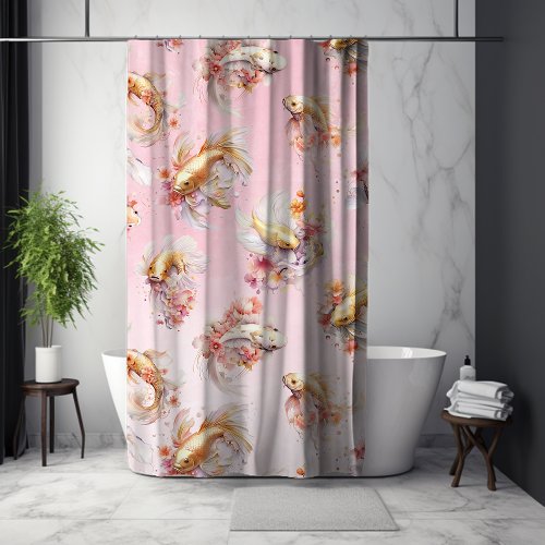 Pink Watercolor Gold Koi Fish Floral Shower Curtain
