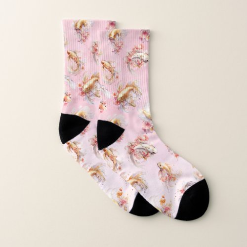 Pink Watercolor Gold Koi Fish Floral Socks