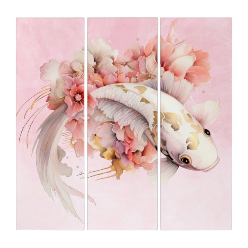Pink Watercolor Gold Koi Fish Floral Triptych