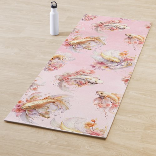 Pink Watercolor Gold Koi Fish Floral Yoga Mat