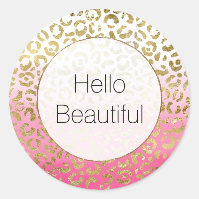 Pink Watercolor Gold Leopard  Classic Round Sticker (Front)