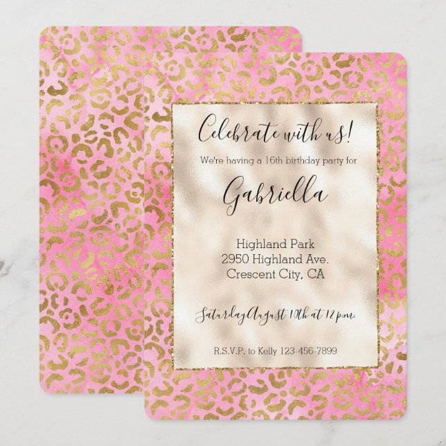 Pink Watercolor Gold Leopard Print Invitation (Front/Back)