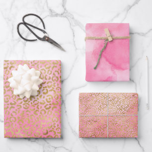 Pink Watercolor Gold Leopard Print Wrapping Paper Sheets