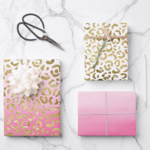 Pink Watercolor Gold Leopard Wrapping Paper Sheets