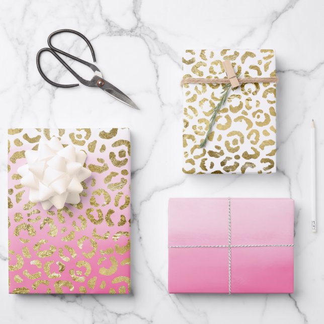 Pink Watercolor Gold Leopard  Wrapping Paper Sheets (Front)
