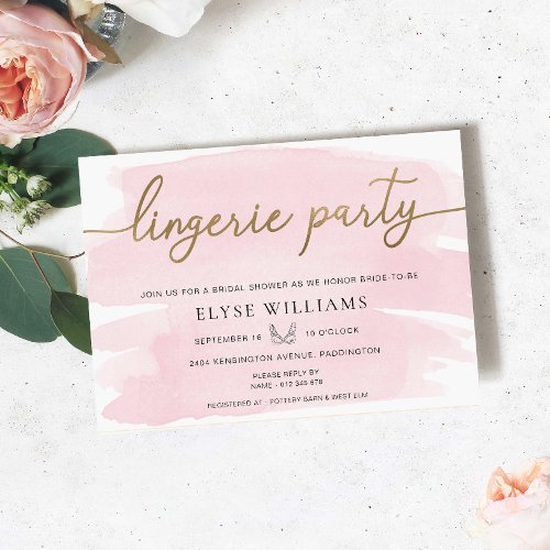 Pink Watercolor Gold Lingerie Party Bridal Shower Invitation
