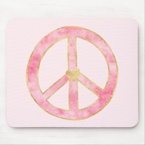 Pink Watercolor Gold Peace Sign Heart Mouse Pad