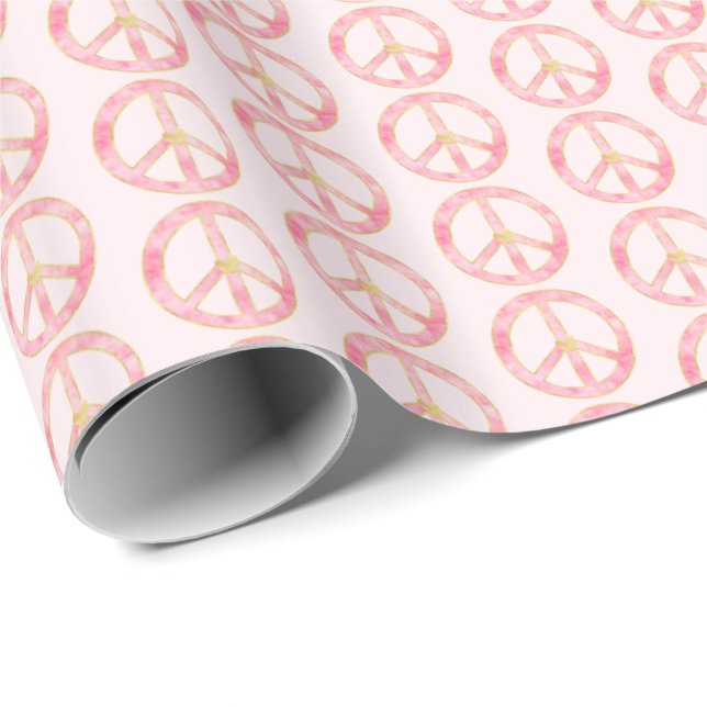 Pink Watercolor Gold Peace Sign Heart Wrapping Paper (Roll Corner)
