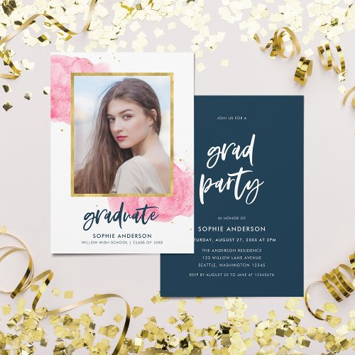 Pink Watercolor Gold Photo Graduate Grad Party Invitation