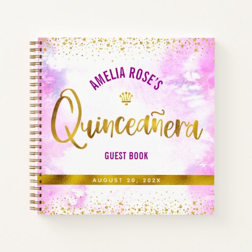 Pink Watercolor Gold Quinceaera Girly Guest Book