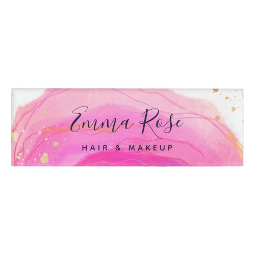  Pink Watercolor Gold Splatter Salon Employee Name Name Tag