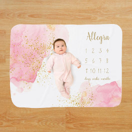 Pink Watercolor Gold Sprinkle Milestone Baby Blanket
