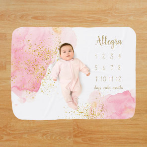 Pink Watercolor Gold Sprinkle Milestone Baby Blanket
