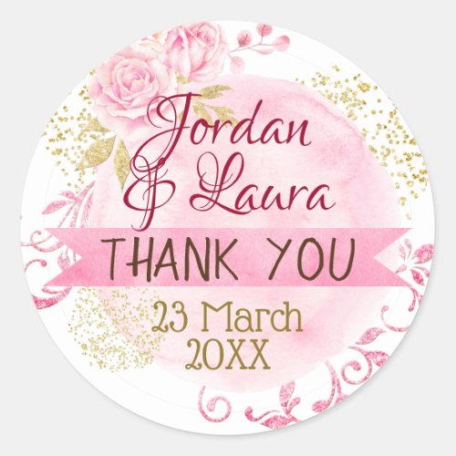 Pink Watercolor Gold Thank You Wedding Favor Classic Round Sticker