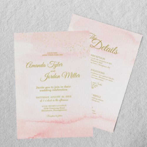 Pink Watercolor Gold Type All In One Wedding Invitation
