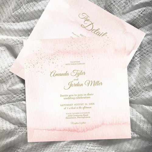 Pink Watercolor Gold Type Square All One Wedding Invitation