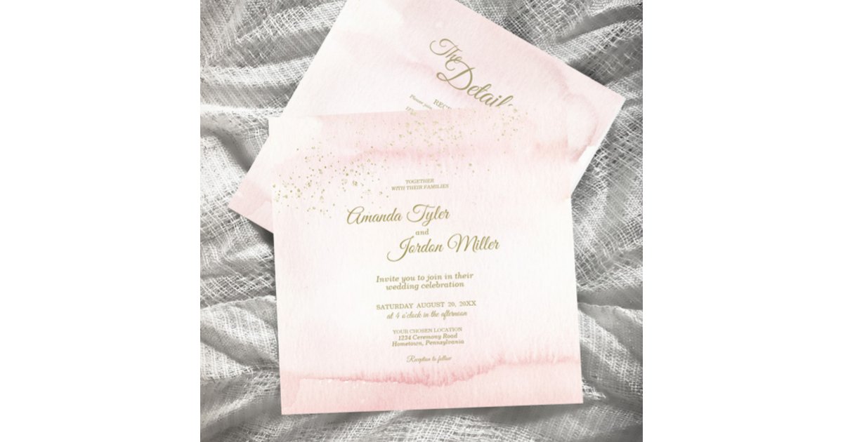 Pink Watercolor Gold Type Square All One Wedding Invitation Zazzle