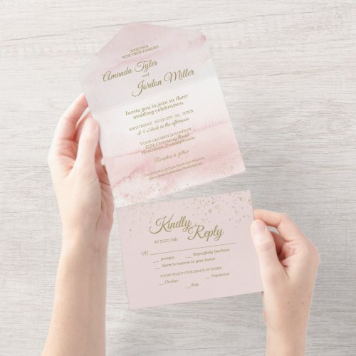 Pink Watercolor Gold Type Wedding All In One Invitation
