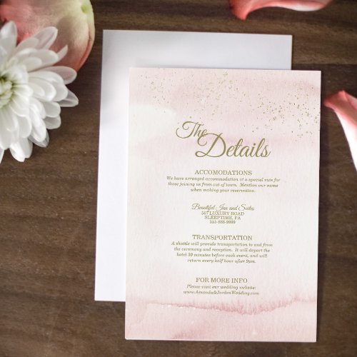 Pink Watercolor Gold Type Wedding Details Enclosure Card
