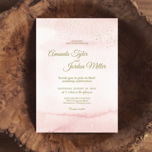 Pink Watercolor Gold Type Wedding Invitation