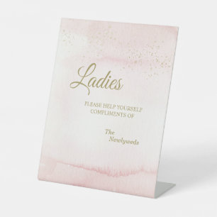Pink Watercolor Gold Type Wedding Ladies Bathroom Pedestal Sign